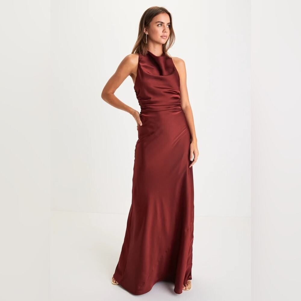 Lulus Effortlessly Sensational Wine Red Satin Backless Maxi Dress XL